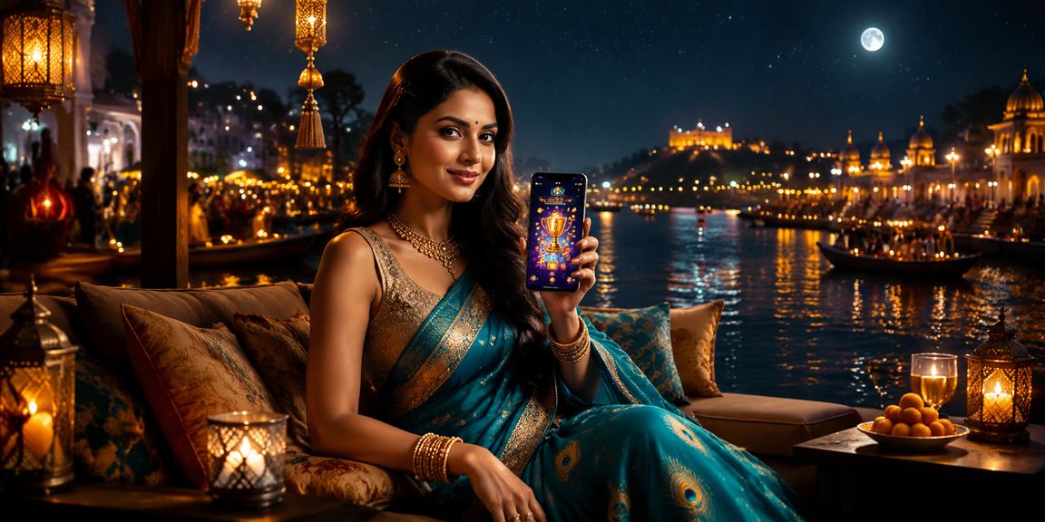 Indian user betting on sports via mobile app in evening city scene